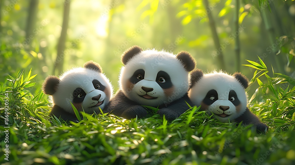 Fototapeta premium Three adorable baby pandas nestled together in lush green bamboo forest.