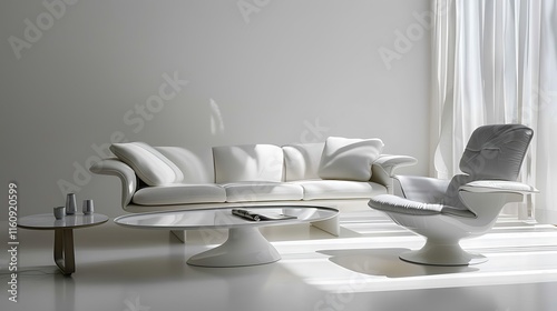 White sofa, sleek chair, and simple table on a pure white surface 