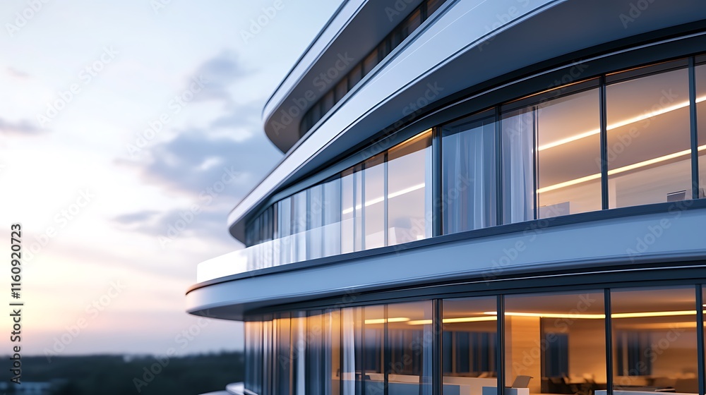 Fototapeta premium Glass Walled Office Building with Curves Captured in High Resolution Photography