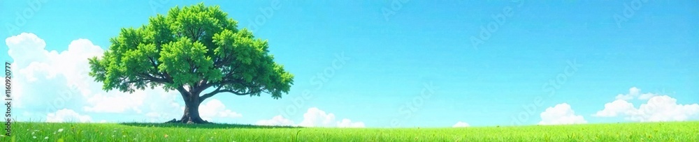 Fototapeta premium Tree with lush greenery and spherical crown against clear blue sky, greenery, landscape