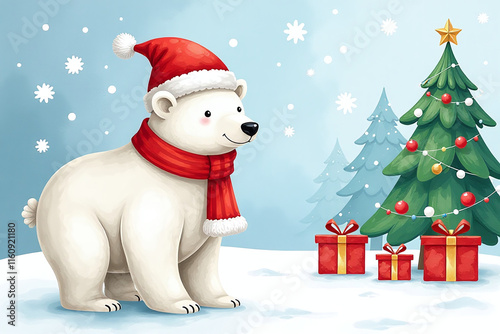 artificially created watercolor illustrations feature festive holiday scenes like christmas polar bear happy new year photo