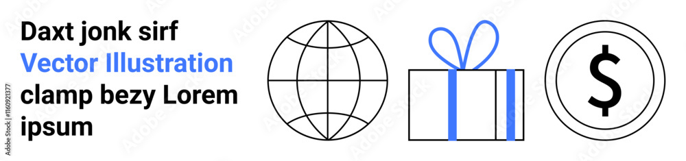 Text next to three minimalistic icons representing a globe, a gift box with a blue ribbon, and a dollar sign. Ideal for global commerce, online transactions, banking, finance, gifting, e-commerce Text next to three minimalistic icons representing a globe, a gift box with a blue ribbon, and a dollar sign. Ideal for global commerce, online transactions, banking, finance, gifting, e-commerce