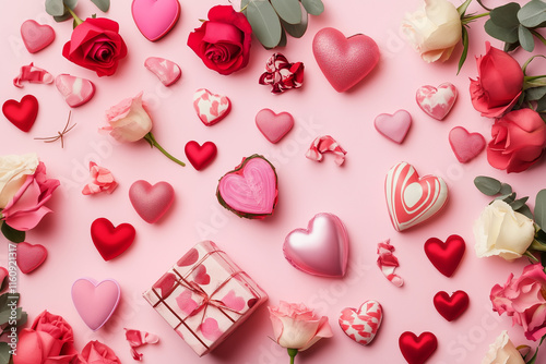 Heart-Shaped Chocolate Candy in Valentine's Decorated Background – Sweet Valentine's Day Illustration. Flat lay