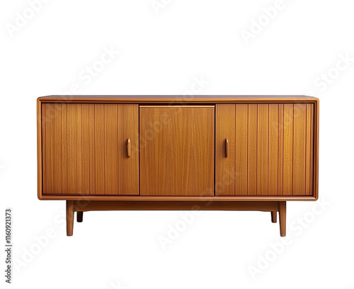 Vintage teak credenza with tambour doors. Mid-century modern furniture. No background png.