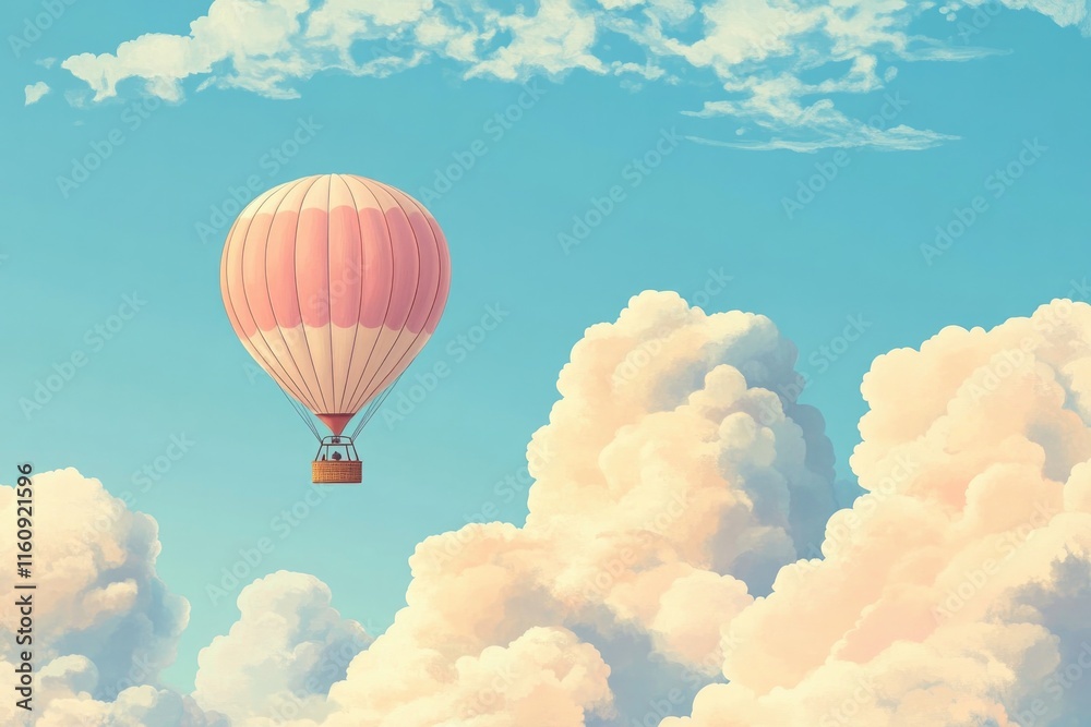 Naklejka premium Hot air balloon drifts peacefully among fluffy clouds under brig