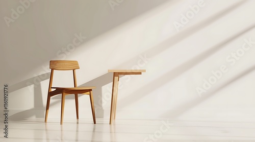 Wooden chair and minimalist table, both placed on a white surface, captured in high clarity,