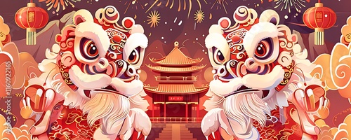 Two lion dancers performing in front of a Chinese temple with fireworks. photo