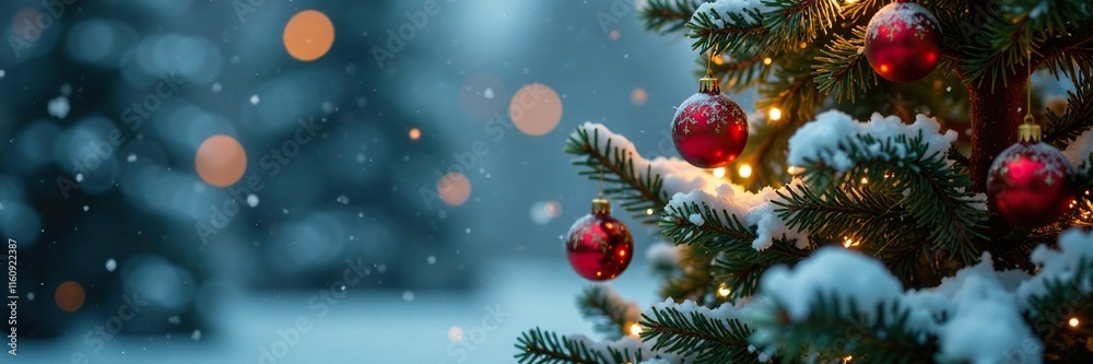 Snowflakes falling gently on a festive Christmas tree, serene, snow, christmas tree Snowflakes falling gently on a festive Christmas tree, serene, snow, christmas tree