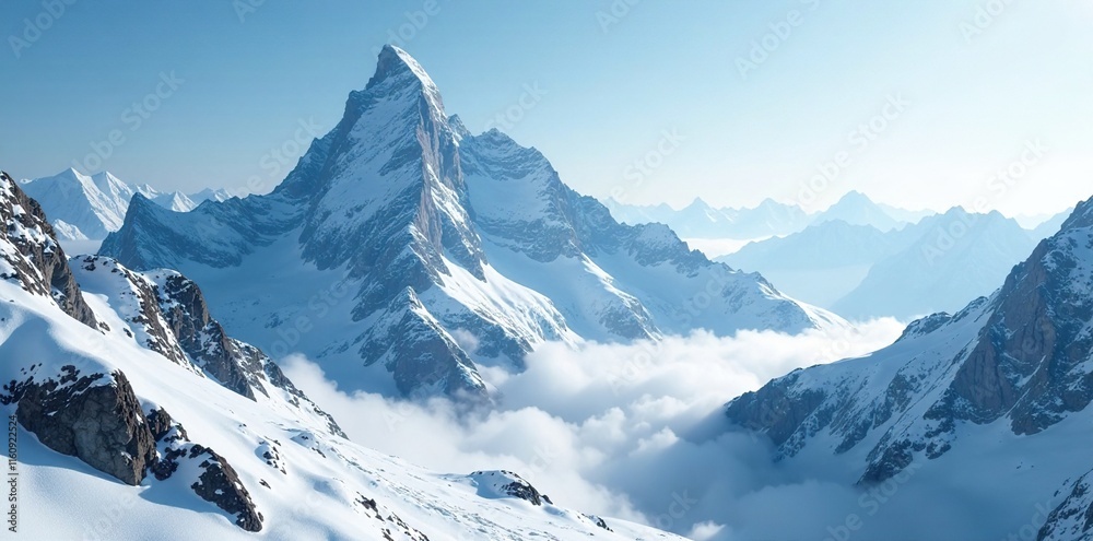Fototapeta premium Misty veil shrouds majestic snowy mountain summit, serene, mountains
