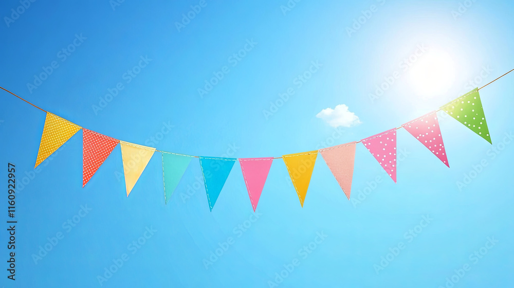 Fototapeta premium Colorful vintage bunting fluttering in breeze against bright sky