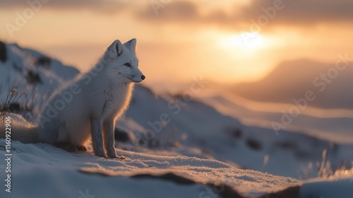 majestic arctic fox with pristine white winter coat standing alert in snowy landscape during golden hour, wildlife photography