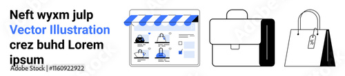 Collection of three business-themed icons online storefront, briefcase, and shopping bag. Keywords Ideal for e-commerce, business, retail, marketing, web design infographics promotions. Landing