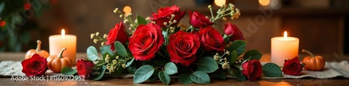 Seasonal flower arrangement with red roses, eucalyptus, and candles, autumn, tablescapes photo