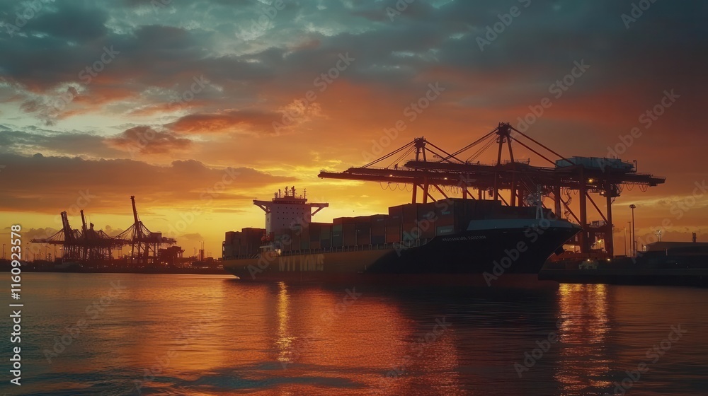 Fototapeta premium majestic container ship navigating through bustling international port terminal at sunset with dramatic sky and loading cranes in operation
