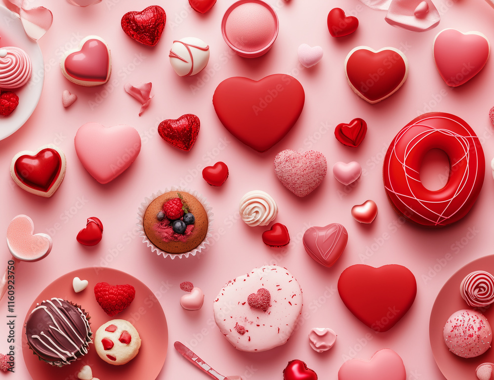 Heart-Shaped Chocolate Candy in Valentine's Decorated Background – Sweet Valentine's Day Illustration. Flat lay Heart-Shaped Chocolate Candy in Valentine's Decorated Background – Sweet Valentine's Day Illustration. Flat lay