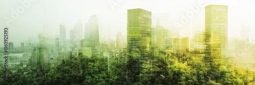 sustainable business practices in corporate architecture concept, A double exposure of a green building and cityscape, with an abstract digital background