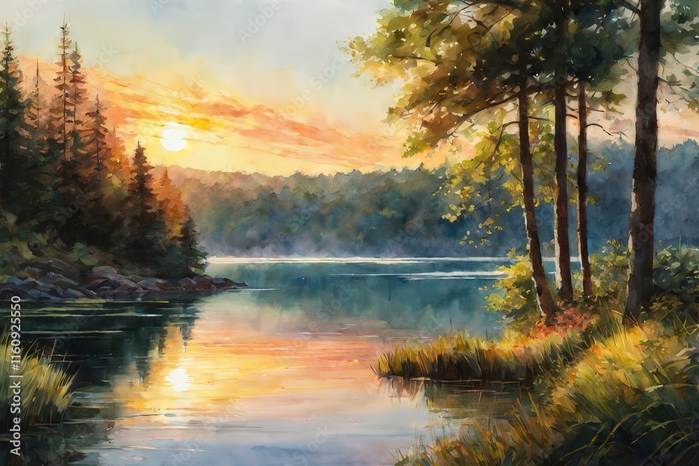 Obraz premium the AI Image Generator, Lake and Forest Landscape at Sunset with Vibrant Colors