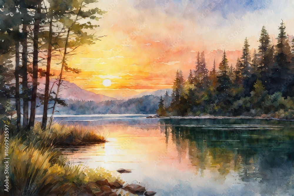 the AI Image Generator, Lake and Forest Landscape at Sunset with Vibrant Colors the AI Image Generator, Lake and Forest Landscape at Sunset with Vibrant Colors