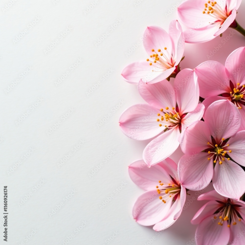 Fototapeta premium Delicate pink blossoms unfolding on a pristine white canvas, soft focus, calm