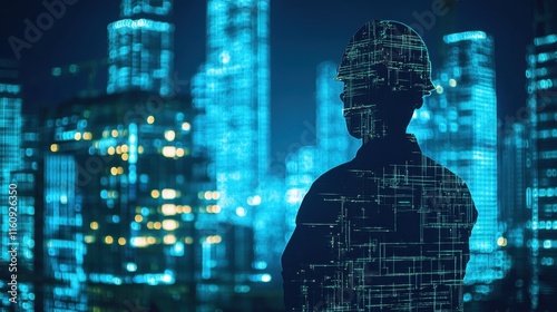 Wallpaper Mural Engineer Silhouette Against Futuristic City Skyline at Night Torontodigital.ca