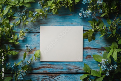 Blank white card surrounded by blue flowers and green leaves on a rustic wooden surface photo