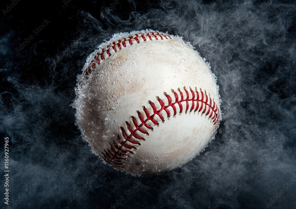 Floating Baseball with Cool Smoke and Ice Effects in Dark Background Floating Baseball with Cool Smoke and Ice Effects in Dark Background