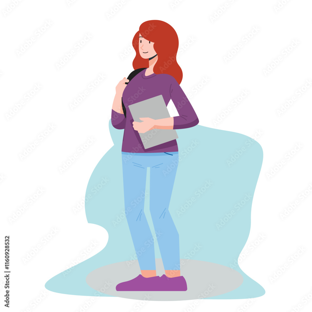 vector of a woman standing carrying a bag and holding a laptop in her hand vector of a woman standing carrying a bag and holding a laptop in her hand