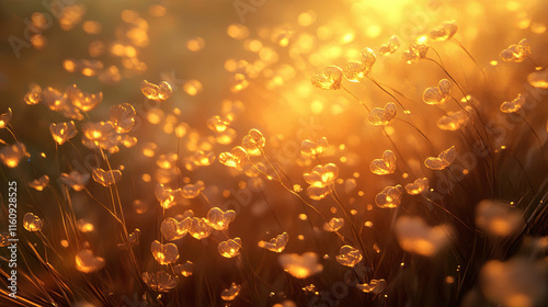 Soft focus of grass flowers illuminated by sunset, creating warm glow