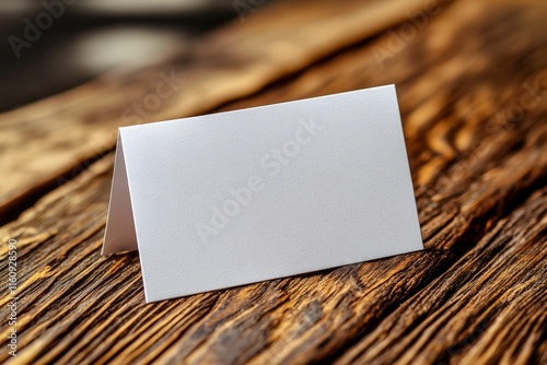 Blank table tent card on rustic wooden surface ready for customization in event setting photo