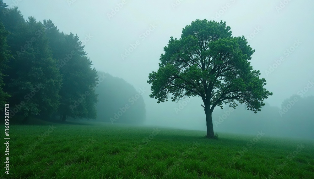Dense foliage surrounding a lone tree in a misty glade, trees, fog Dense foliage surrounding a lone tree in a misty glade, trees, fog