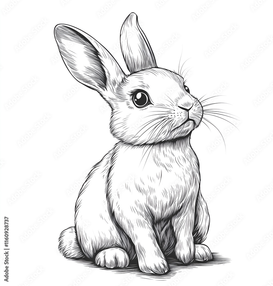 Obraz premium Rabbit, ink drawing clip art illustration in the side view style of minimalist black and white , on white background