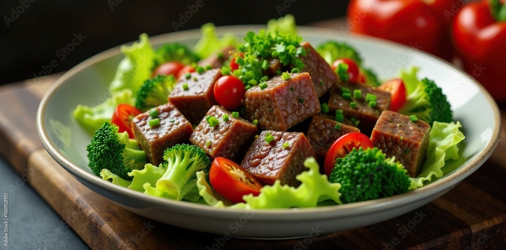 Fresh broccoli peppers and chili sprinkled over a hearty beef meat cube salad, salad, meat, beef Fresh broccoli peppers and chili sprinkled over a hearty beef meat cube salad, salad, meat, beef