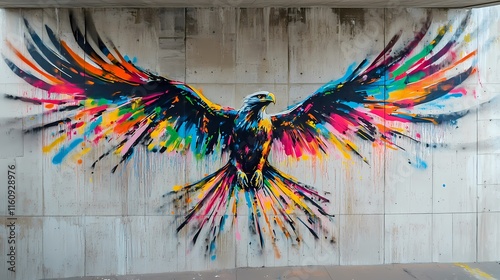 A vibrant, colorful graffiti mural of an eagle with wings spread wide, painted on a concrete wall. The artwork showcases a dynamic and expressive style.