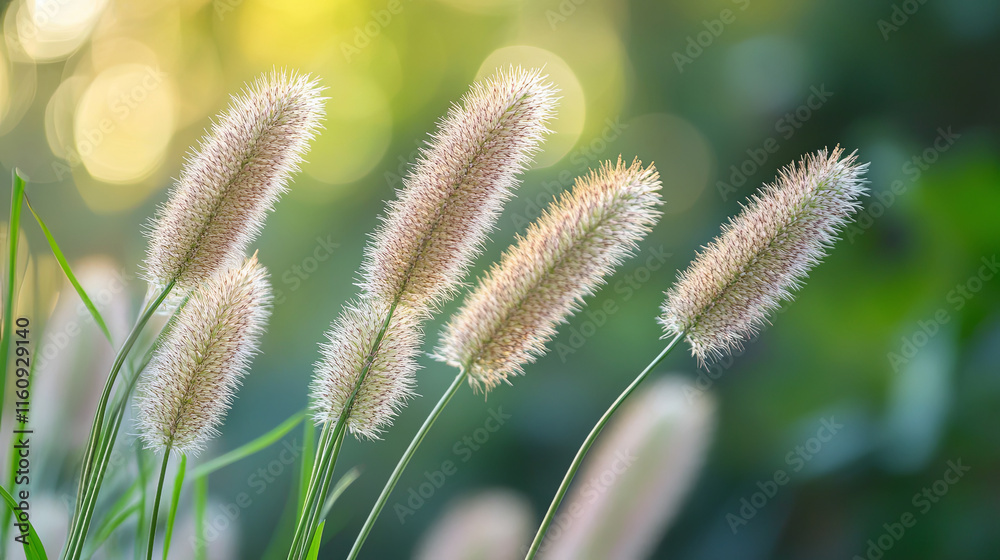 Softly blurred grass flowers illuminated by sunset create serene atmosphere Softly blurred grass flowers illuminated by sunset create serene atmosphere