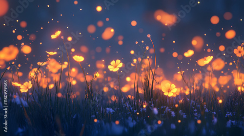 Softly illuminated grass flowers at dusk create magical atmosphere