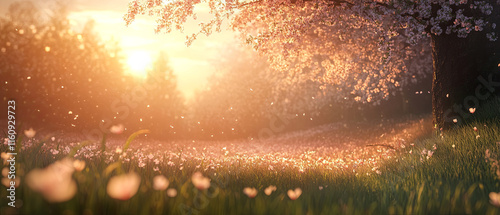 serene sunset illuminating field of delicate flowers and trees