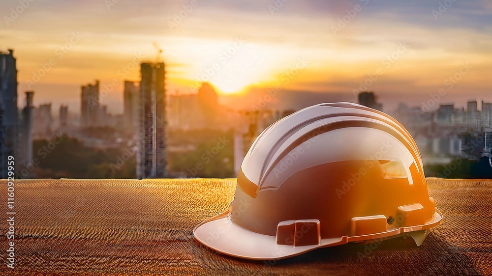 image of an engineering helmet at sunset, civil construction