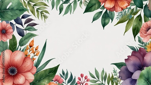 Watercolor frame template mockup with flowers and leaves
