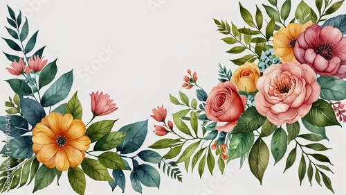 Watercolor frame template mockup with flowers and leaves