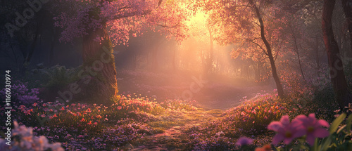 serene forest path illuminated by warm sunset light, surrounded by blooming flowers and trees