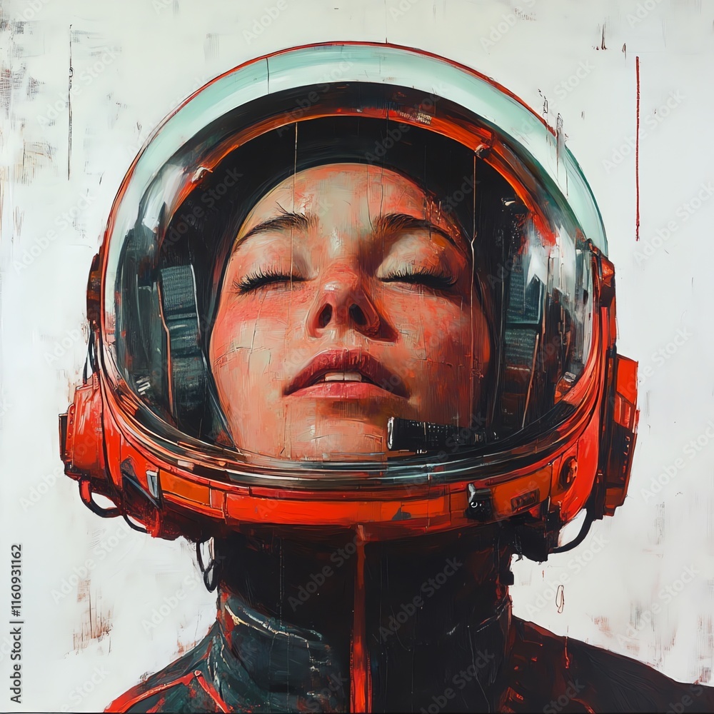 Fototapeta premium Serene astronaut portrait, closed eyes, red helmet.