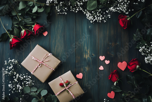 Flat Lay in wooden Background with Pink Rose Petals and Hearts – Romantic Valentine's Day Design