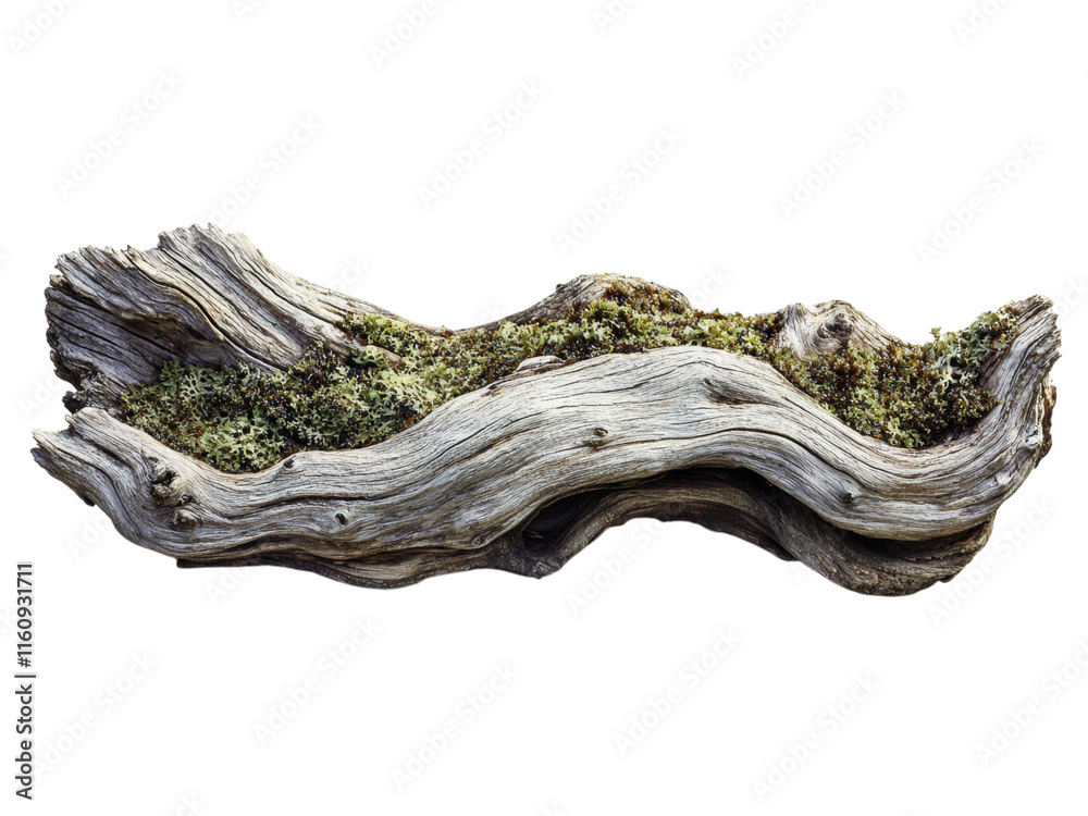 Textured Driftwood with Moss and Natural Curves Isolated on transparent background Textured Driftwood with Moss and Natural Curves Isolated on transparent background
