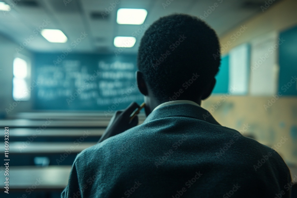 Rear view of a student sitting in a classroom, looking at a chalkboard. Rear view of a student sitting in a classroom, looking at a chalkboard.