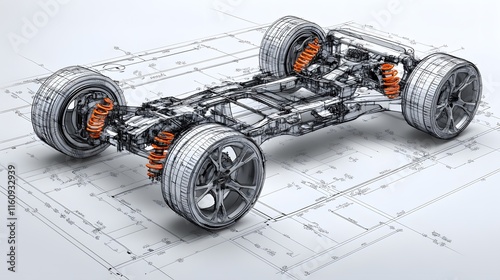 Detailed technical blueprint of automotive chassis featuring mechanical components, suspension system, and drivetrain layout in orthographic projection with wireframe design elements.