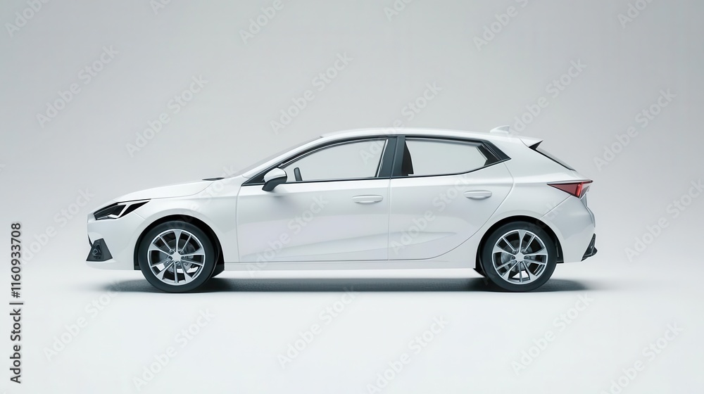 Fototapeta premium modern white hatchback car model with sleek design features showcased in professional studio setting on pure white background