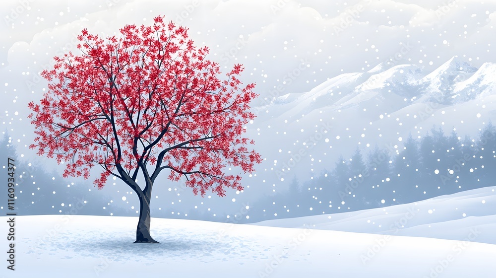 Fototapeta premium A magnificent and beautiful cherry blossom tree standing alone, with a beautiful view of the winter season