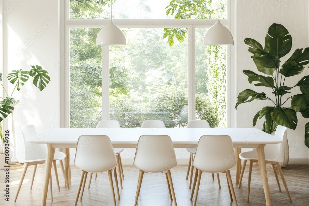 Fototapeta premium Bright, airy dining space with large windows and greenery, invit