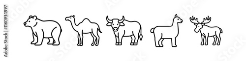 Line Icons of Wild and Domesticated Animals - Minimalistic line icons featuring a bear, camel, buffalo, llama, and moose, perfect for wildlife and animal-themed designs.