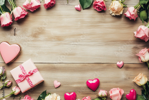 Flat Lay in wooden Background with Pink Rose Petals and Hearts – Romantic Valentine's Day Design